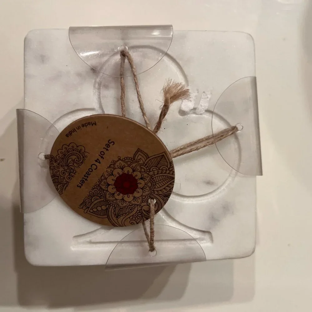 White Marble Coasters Set of 4 with Holder Gift‎ Ready New